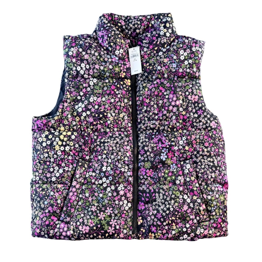 NWT Gap Kids Floral Puffer Vest XXL 14-16 Black Pink ColdControl Water Resistant